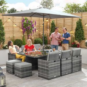 Atlas 6-10 Seater Rattan Cube Set with Rectangular Table - Grey