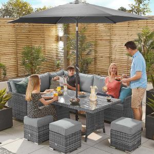 Elara 5-8 Seater Rattan Dining Corner Sofa Set with Parasol Hole Table - Left Hand - Grey