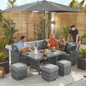 Elara 5-8 Seater Rattan Dining Corner Sofa Set with Parasol Hole Table - Right Hand - Grey