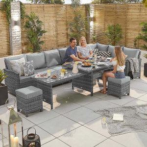 Elara 7-10 Seater Rattan Dining Corner Sofa Set with Extending Table - Right Hand - Grey