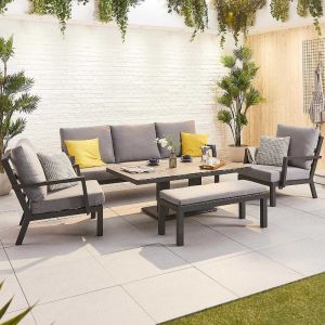 Metis 5-7 Seater Aluminium Dining Sofa Set with Rising Table, Armchairs & Bench - Grey
