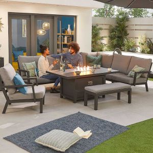 Metis 7-9 Seater Aluminium Dining Corner Sofa Set with Firepit Table, Armchair & Bench - Grey