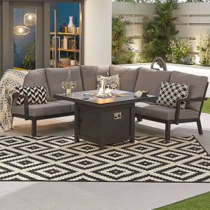Metis 7-9 Seater Aluminium Dining Corner Sofa Set with Firepit Table & Benches - Grey
