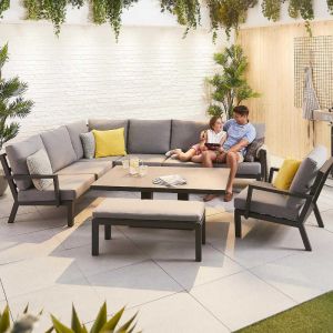 Metis 7-9 Seater Aluminium Dining Corner Sofa Set with Rising Table, Armchair & Bench - Grey