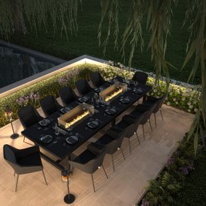MZ Zest 12 Seater Outdoor Fabric Rectangular Dining Set with Fire Pit Table - Charcoal