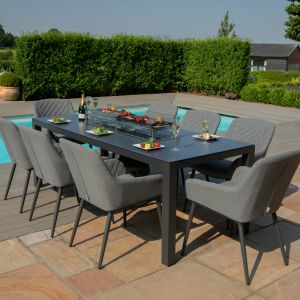 MZ Zest 8 Seater Outdoor Fabric Rectangular Dining Set with Fire Pit Table - Flanelle  