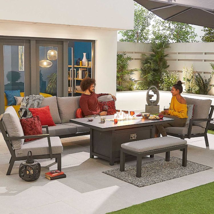 Metis 5-7 Seater Aluminium Dining Sofa Set with Firepit Table, Armchairs & Bench - Grey