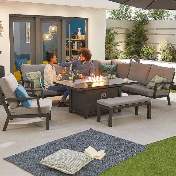 Metis 7-9 Seater Aluminium Dining Corner Sofa Set with Firepit Table, Armchair & Bench - Grey