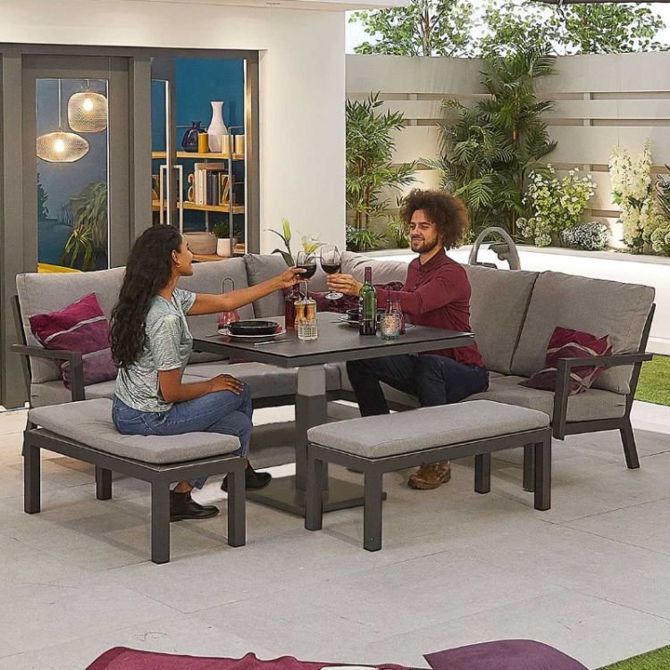 Metis 7-9 Seater Aluminium Dining Corner Sofa Set with Rising Table & Benches - Grey