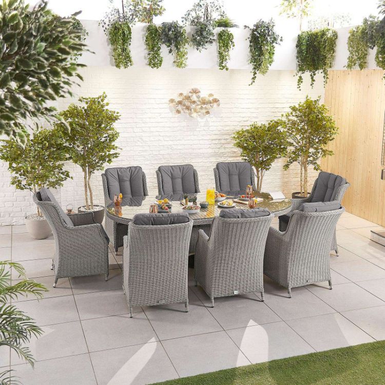 Europa 8 Seater Oval Rattan Dining Set - White Wash