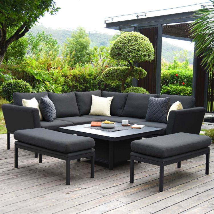 MZ Pulse 8 Seater Outdoor Fabric Square Corner Dining Set With Rising Table - Charcoal Black