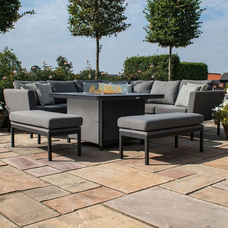 MZ Pulse 9 Seater Outdoor Fabric Deluxe Square Corner Dining Set with Fire Pit Table - Grey