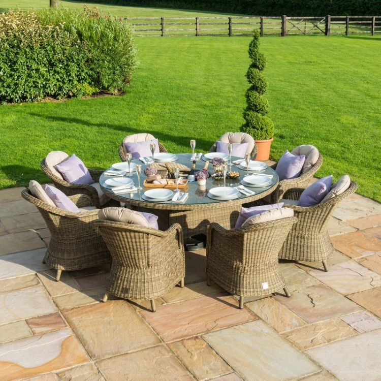 MZ Winchester 8 Seater Round Rattan Dining Set with Heritage Chairs Ice Bucket & Lazy Susan